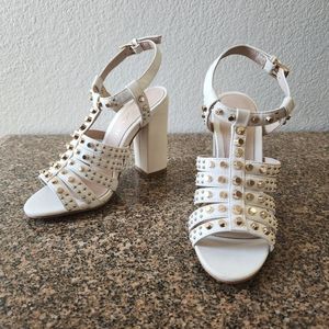 Aldo Chafsiya Studded Strappy Leather Open Toe Block High Heels White/Gold Sz. 6